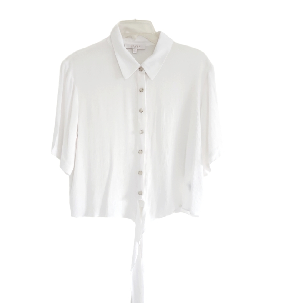 WAYF White Collared Button Front Bottom Tie Short Sleeve Shirt Size Med